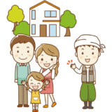 新築した家と親子三人+大工さん